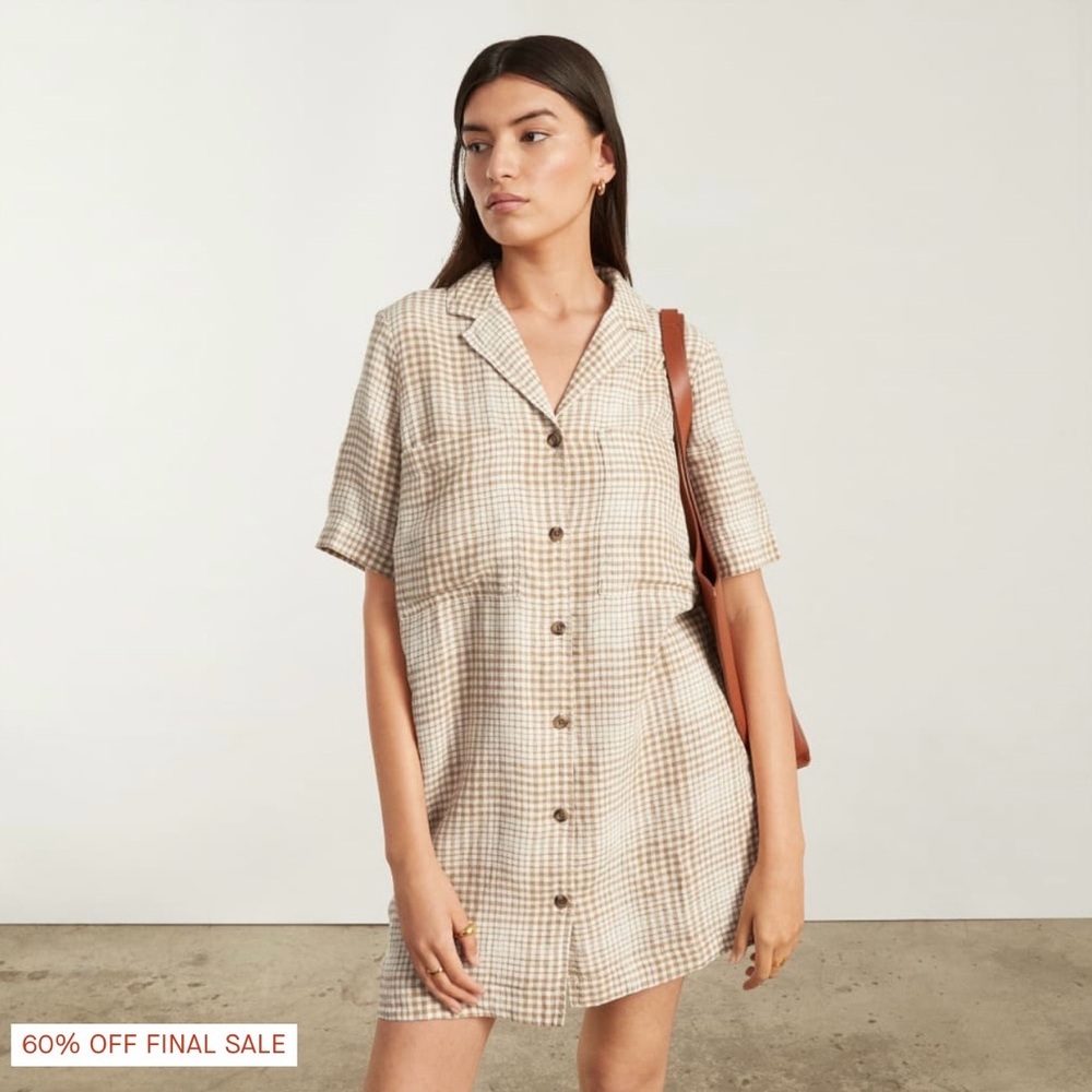 Linen Shirt Dress, Beige Plaid